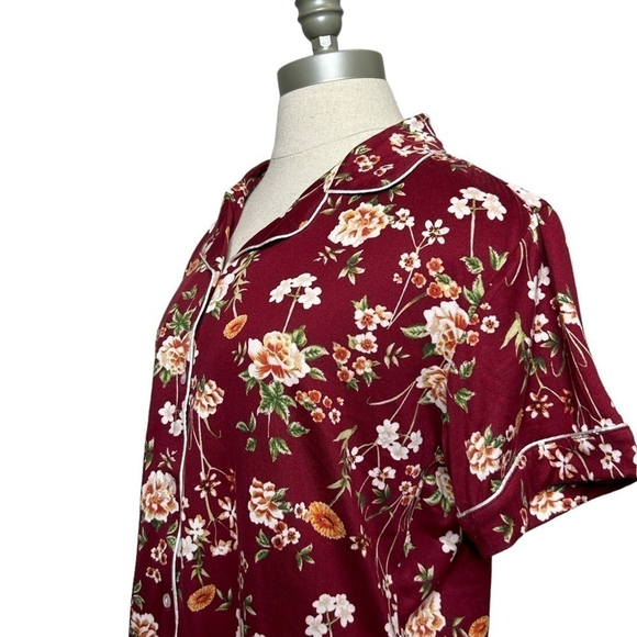 Flora Nikrooz Maroon Floral Short Sleeve Button Down Pajama Sleep Top Small - Picture 7 of 10